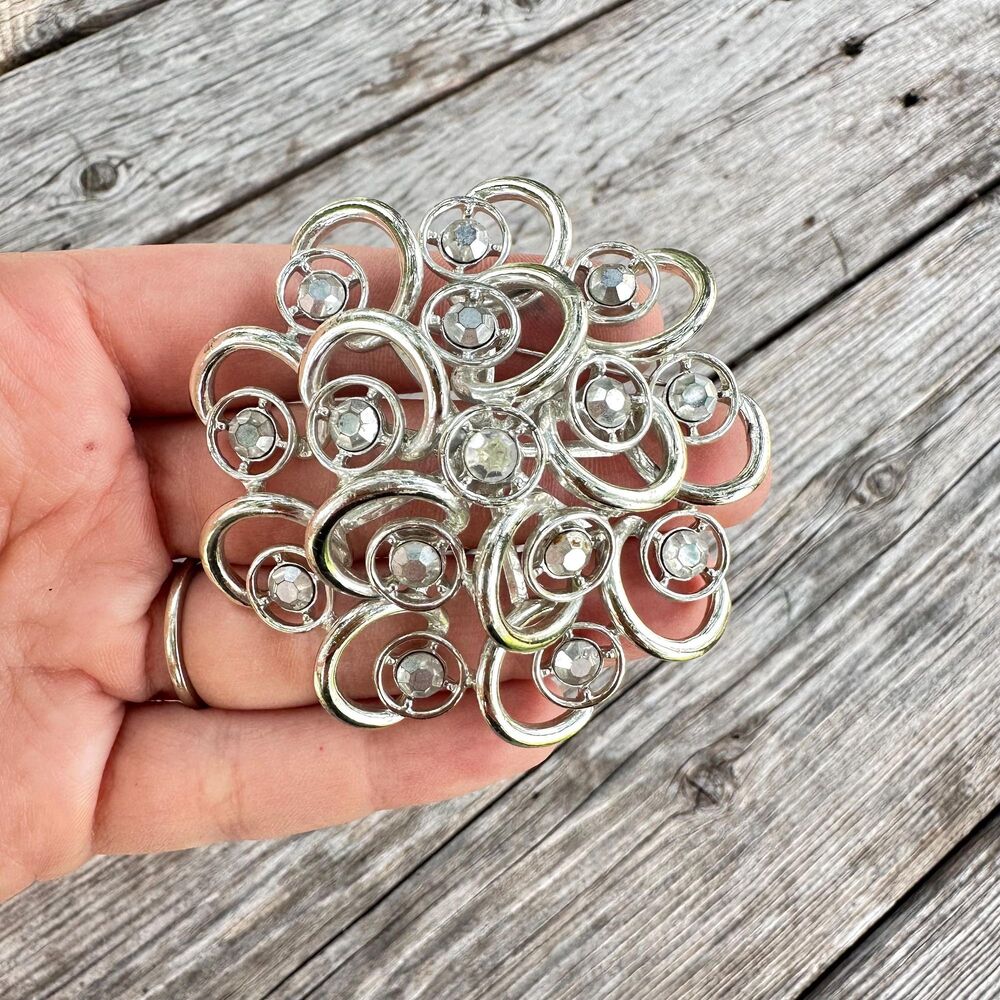 Vintage Jewelry Silver Tone Whimsical Flower Rhinestone Brooch Pin